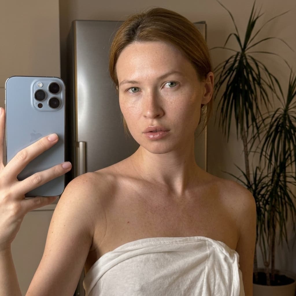 A medium shot captures the person in the uploaded reference image (DO NOT TOUCH FACE). The person's torso is visible from the chest down, with a with a white sheet small mask covering their chest. no robe. The lighting is soft and warm, with a slightly 24-28mm equivalent lens perspective. The overall tone is intimate and casual
