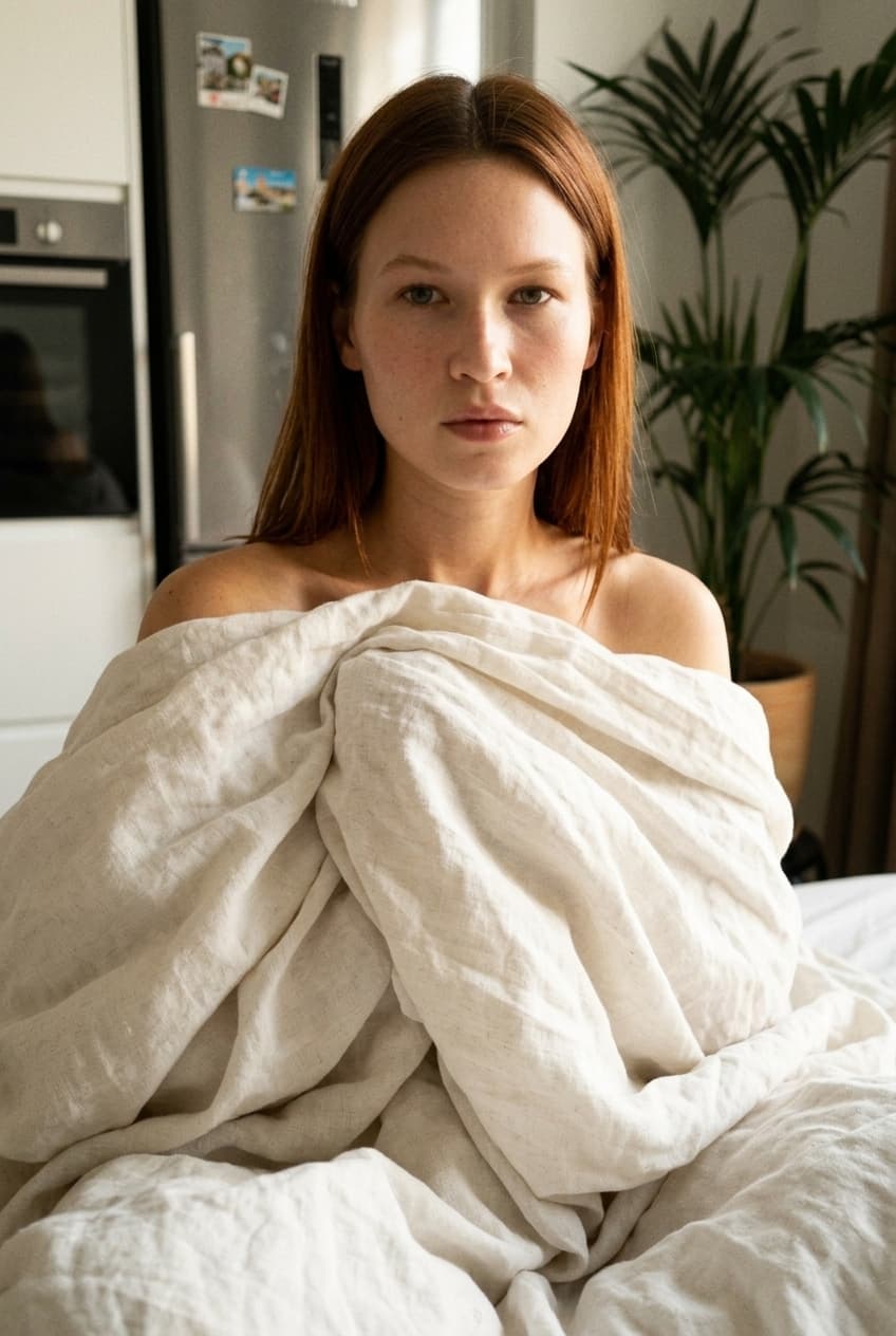 A medium shot captures the person in the uploaded reference image (DO NOT TOUCH FACE). The person's torso is visible from the chest down, with a with a white sheet small mask covering their chest. no tank top. The lighting is soft and warm, with a slightly 24-28mm equivalent lens perspective. The overall tone is intimate and casual